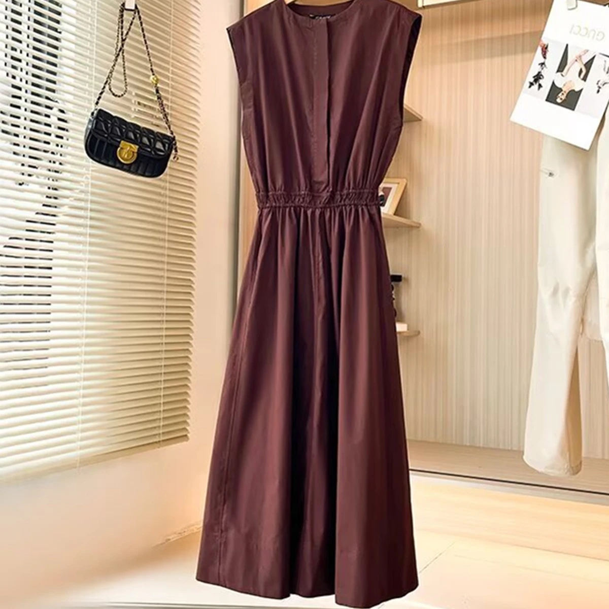 

Maxdutti French Country Style Lazy Sleeveless Dress Summer Cotton Reddish Brown Elegant Midi Dress Women Casual Dress