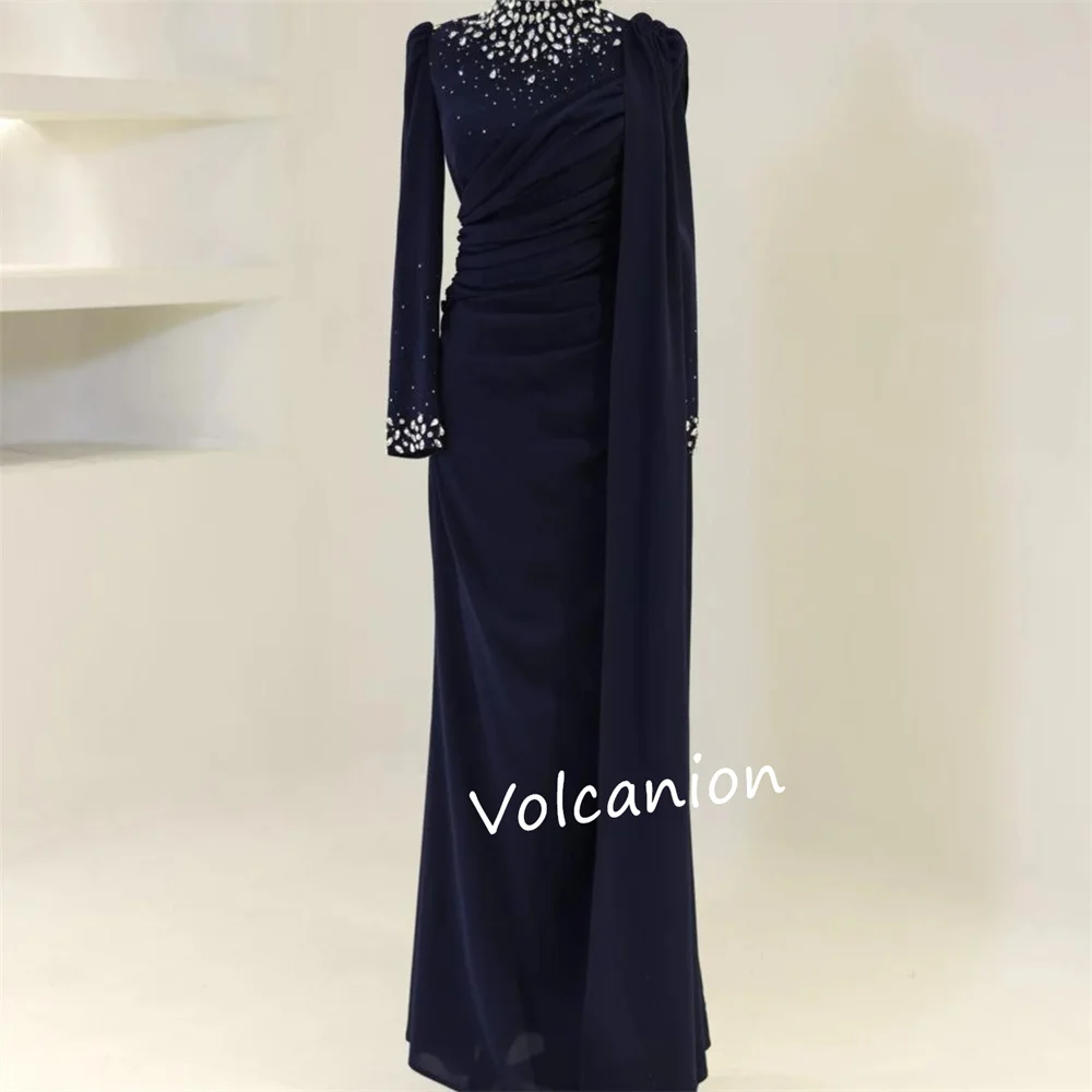 تخصيص الشيفون الطية مطرزة مستقيم الياقة العالية فساتين متوسطة الطول مناسبة مخصصة حفلة موسيقية بسيطة الكلاسيكية مطابقة