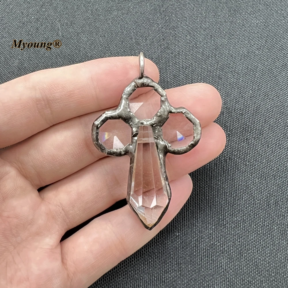 10PCS Soldered Cross Shape Clear Glass Crystal Vintage Necklace Pendant For DIY Necklace Jewelry MY230491