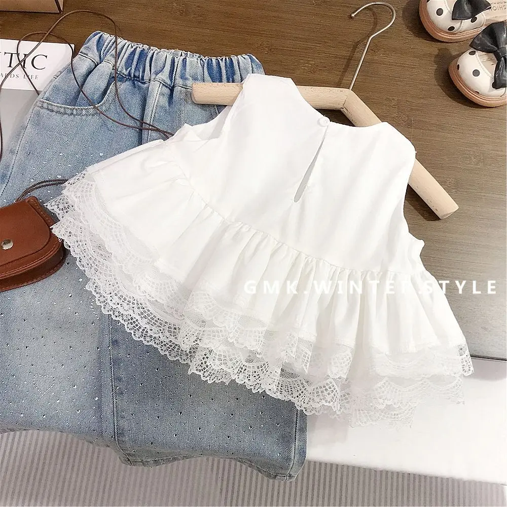 New Korean Fashion Girls Clothing Set 3-7 Year Old Round Neck Nap White Cake Skirt Top+broken Brick Wide Leg Jeans