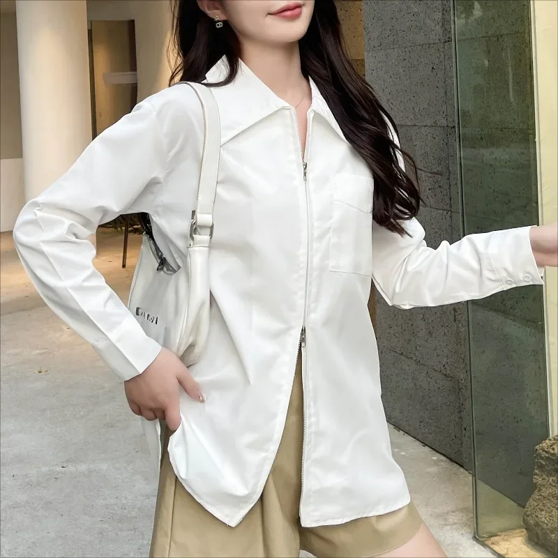 Minimalist Shirts for Women Long Sleeve Zipper Niche Popular Turn-down Collar Korean Style High Street Ins All-match Solid Fit