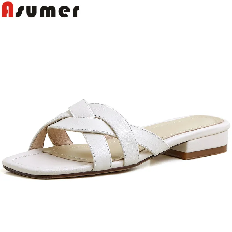 

ASUMER 2022 New Arrive Square Low Heels Slippers Solid Genuine Leather Women Slippers Comfortable Ladies Dress Shoes