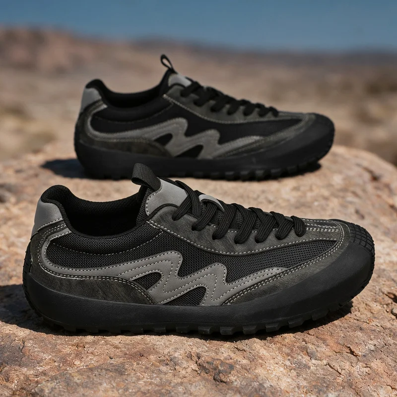 Lace‑up retro outdoor sneakers, textured woven upper reinforced toe cap rugged layered out sole,vintage‑inspired shoe silhouette