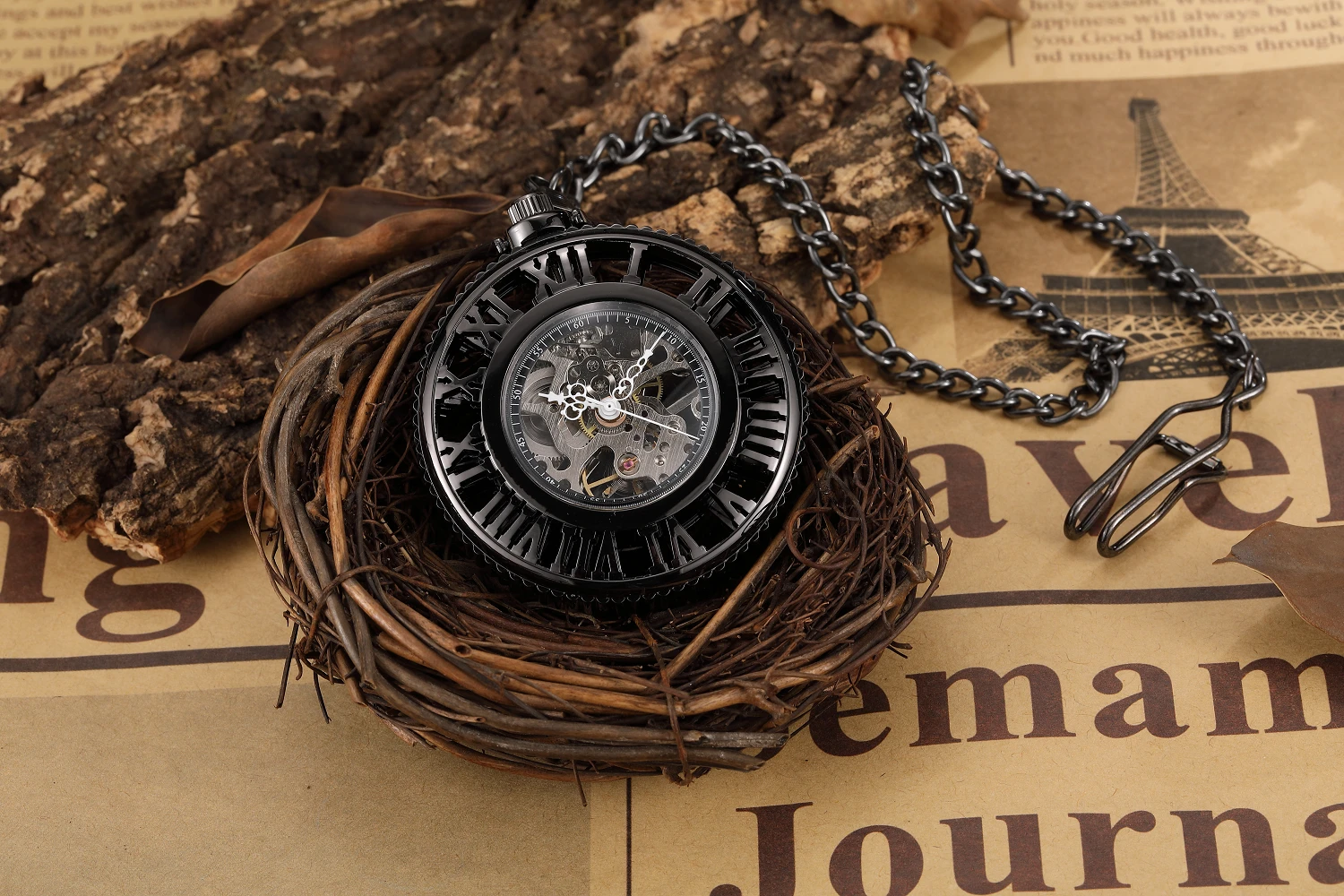 Hollow Hand-WInd Automatic Mechanical Luxury Pocket Watch Steampunk Men Watches Roman Numerals Clock With Fob Chain Reloj Hombre