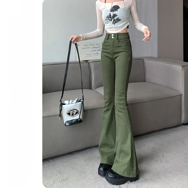 Women's Spring and Autumn New Fashion Temperament Micro Flared Jeans, High Waist Double Buckle Slim-fit High Waist Long Jeans