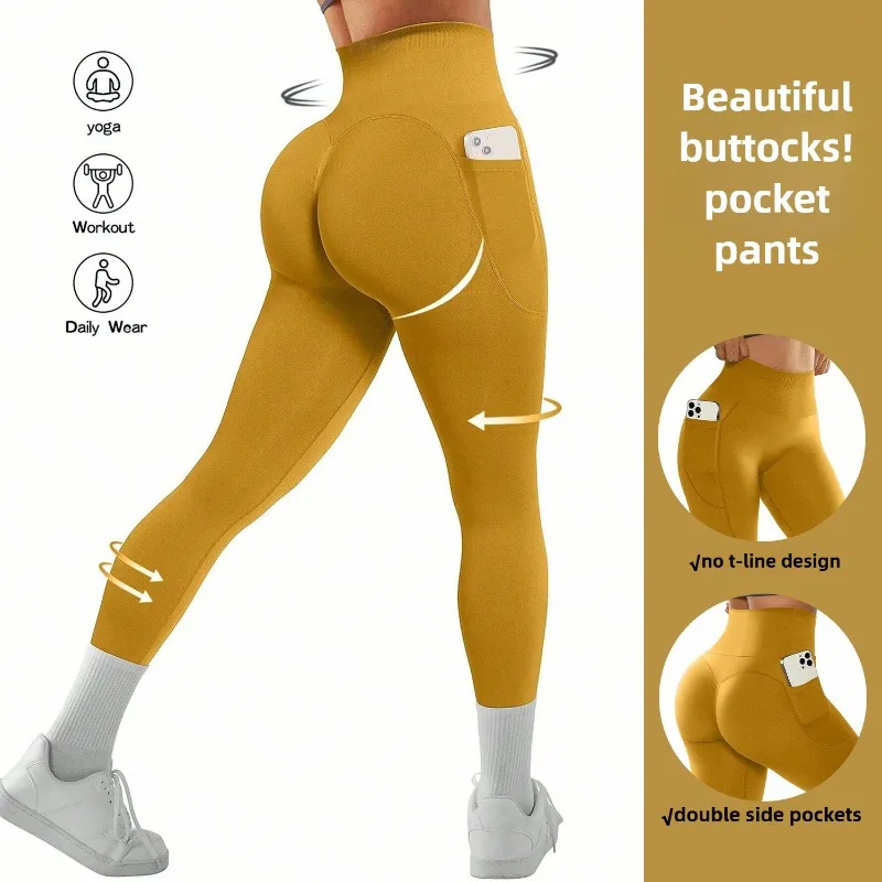 

Персиковые брюки для йоги с высокой талией и двусторонними карманами, эластичные узкие леггинсы большого размера, спортивные и фитнес-брюки для женщин