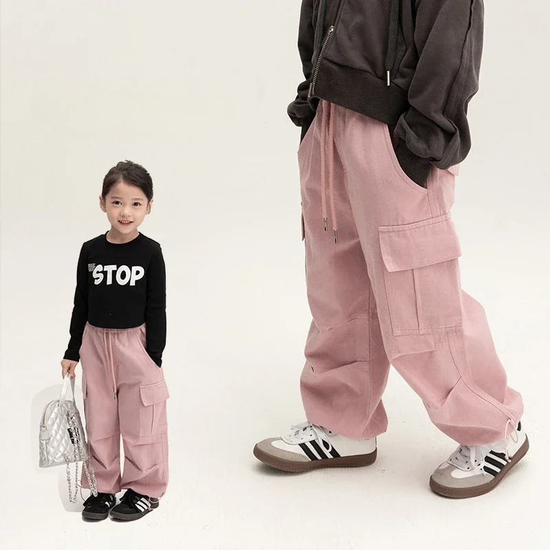 

Girl Pants Girl Autumn Korean Style Drawstring Overalls 2023 New Children Pink Sweet Cool Street Dance Pants Kid Pants