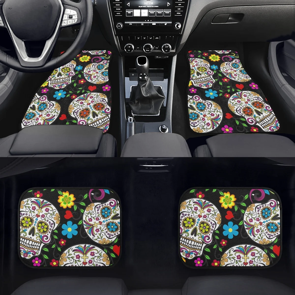 Kawaii Skull Flowers Design Car floor Mat Interior Accessories Non-slip And Dirt-Resistant Carpet Set Fit Most Vehicle New 2023