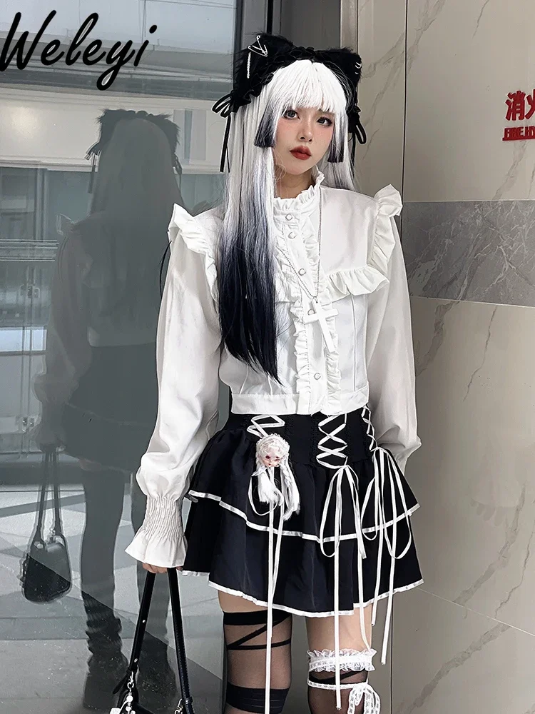 Chemise blanche à volants à manches longues pour filles, tenues gothiques, jupe courte bandage, style punk japonais, gâteau d'automne, ensemble 2 pièces, élégant, 2024