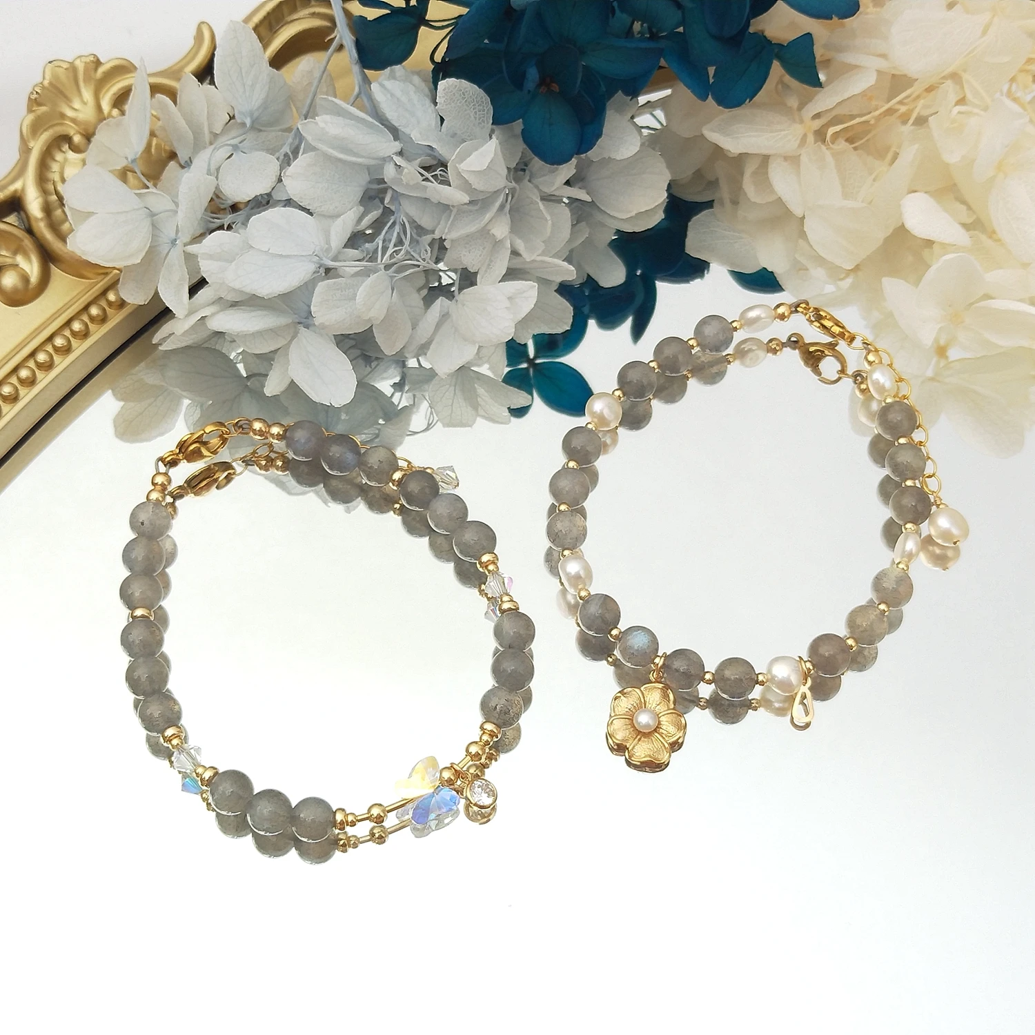 Lii Ji Natural Labradorite 6mm 18+3cm 14K Gold Filled Charms Bracelet Handmade Fashion Jewelry