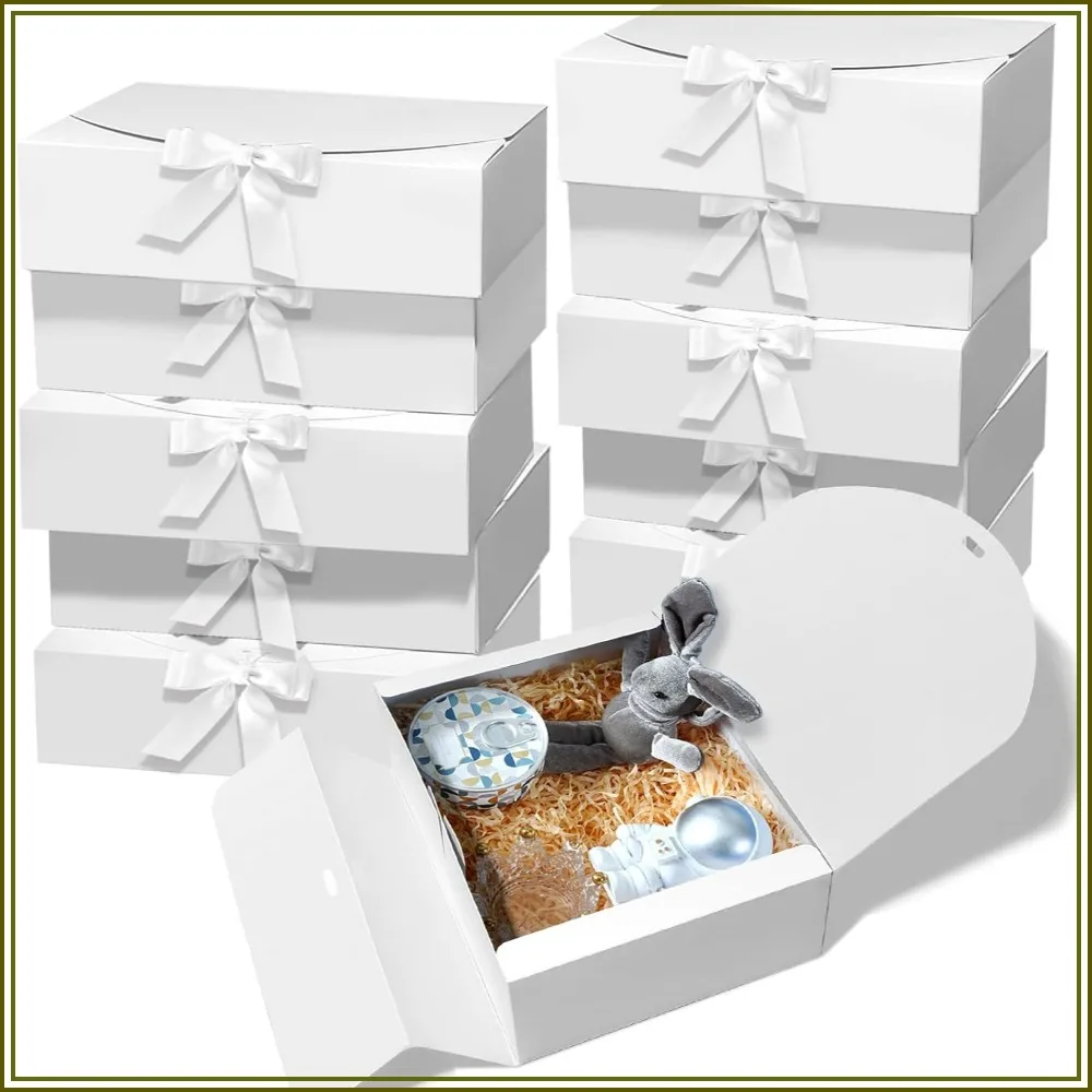 

10 PCS Kraft Paper Gift Boxes with Lids, 10.6x7.8x3.1 Inch, White with Ribbon, for Wedding, Birthday, Packaging, Present