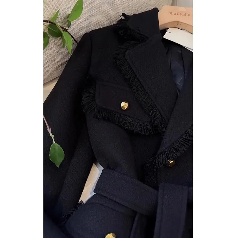 2026 New Women's Black Woolen Coat Winter French Elegant Tweed Blazer Trench Coat High Class Sense Casual Long Outerwear