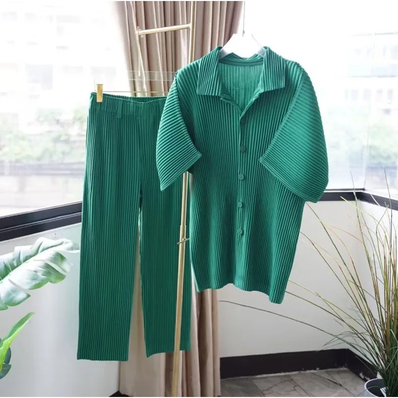 Miyake Pleated Short Sleeve Shirt Men's 2026 Classic Pleats Top Short Sleeve Summer Loose Plisse Jacket Loose Plus Size Fold Top view 2