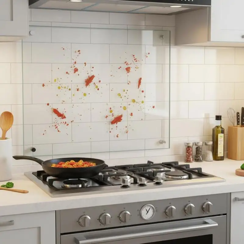 Dosseret de cuisine transparent en verre trempé épaisseur 6 mm 70x60 cm, anti-éclaboussures de graisse, lavable facilement, matériel de fixation fourni pour plan de travail et plaque de cuisson