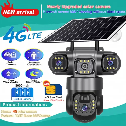Cámara Solar 4G Sim para exteriores, 3 lentes, 3 pantallas, Zoom 10X, PIR, cámaras de detección humana, impermeable, visión nocturna, protección de seguridad CCTV