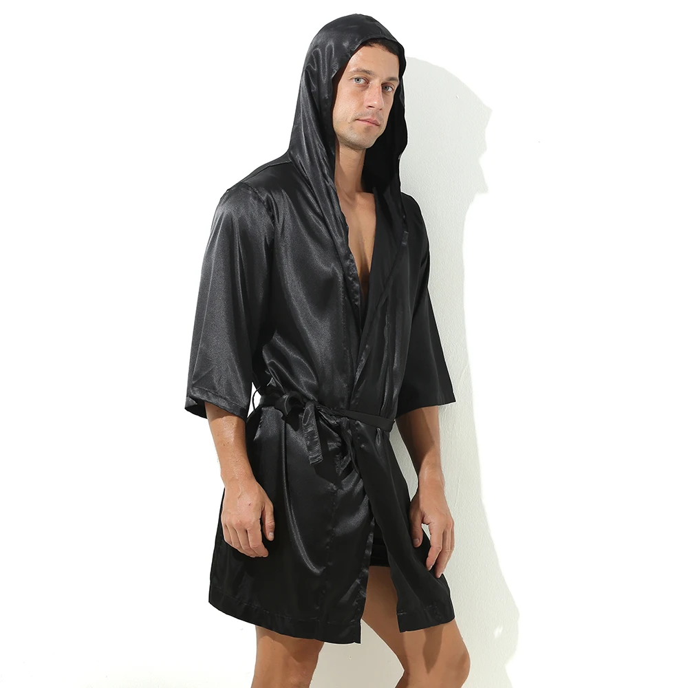 Hooded Bathrobe Men Shorts Set Pajamas Night Robe Dress Gown Male Silk Satin Nightgown Kimono Bathrobe Sleepwear House Robe Men