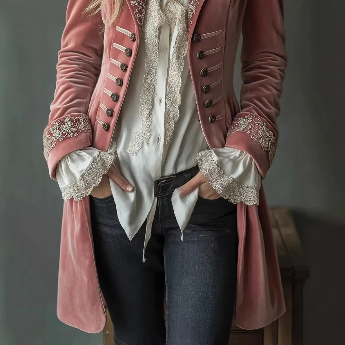 Long Sleeve Collarless Coat Mid Length Streetwear with Regular Fit Embroidery Medium Weight Distressed Women Autumn Coat