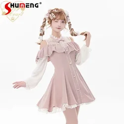 Japanese Mine Style Lace Splicing Bow Stand Collar Off-shoulder Long Sleeve Single-breasted Slim Sweet Lolita Short Dress Women