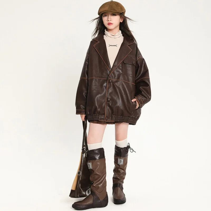 Girl's Coat Leather Jacket Thickened Rabbit Fur, One Winter Suit Collar Leather Jacket 2025 New Korean Version