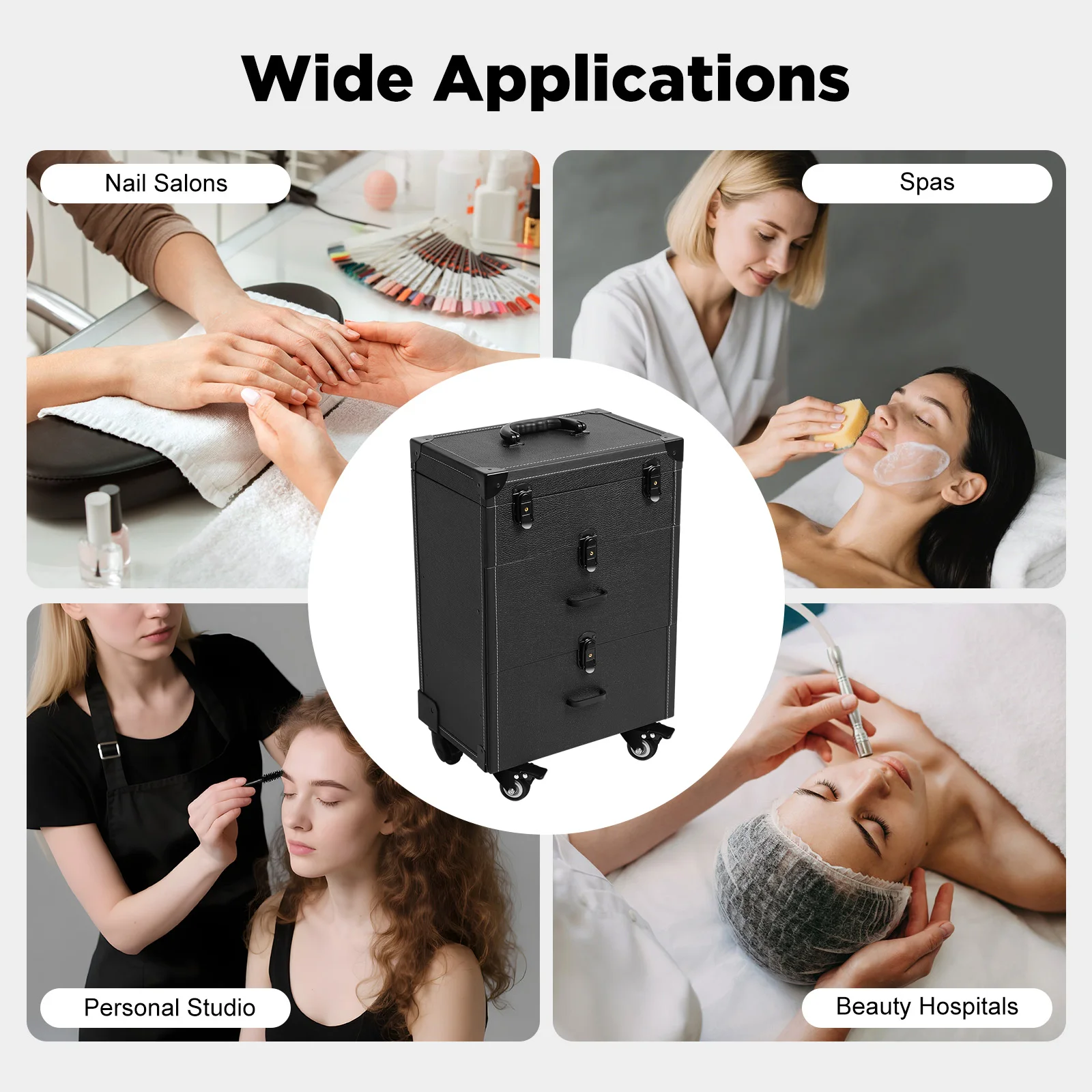 Professional Makeup Nail Art Case Lockable with Adjustable Pull Rod 4 Universal Wheels Large Capacity 2-Drawer for Salon Travel