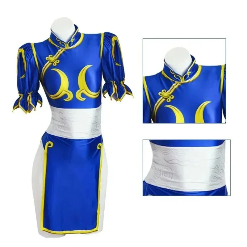 Lqchun li cosplay vestido traje jogo sf chunli role play azul qipao outfit conjunto completo jackie kung fu festa de halloween terno para diversão
