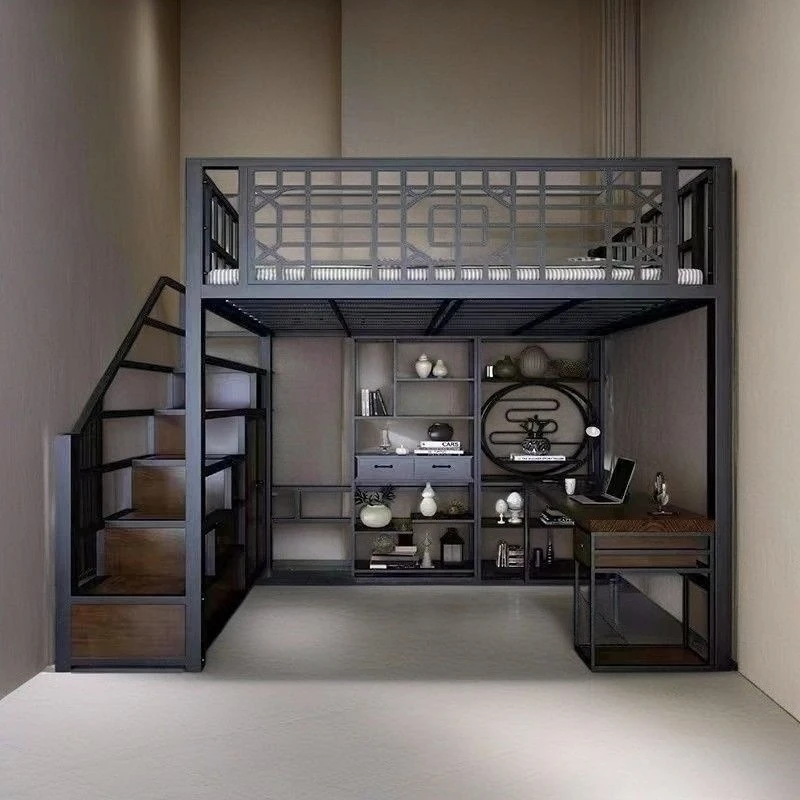 سرير من الحديد المطاوع على الطراز الصيني الجديد، إطار حديدي عتيق، ملاءة سرير مرتفعة من النوع العلوي