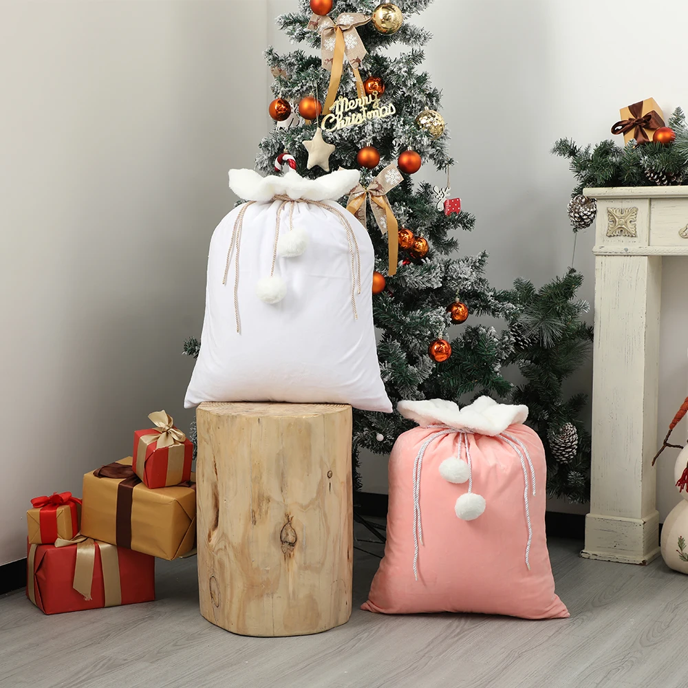 Luxury Xmas Bags - ぬいぐるみクリスマスサンタ袋、ポンポン付きコードドローストリング、子供用高級クリスマスギフトバッグ、メリークリスマス