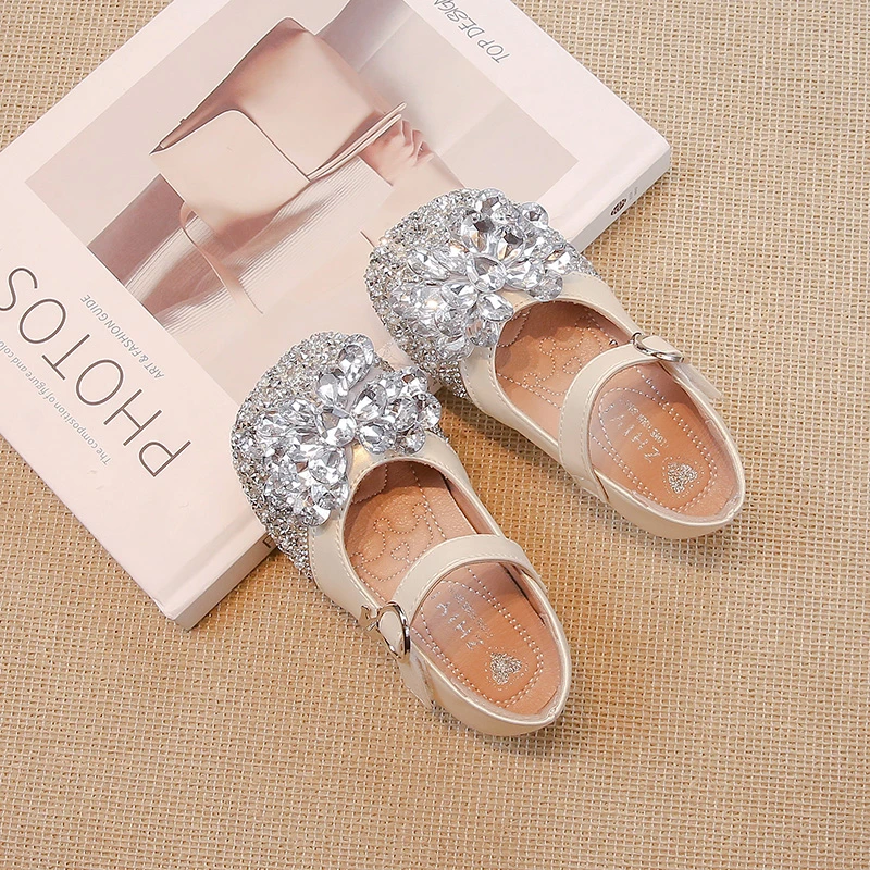 2024 Autumn New Children Leather Shoes for Girls Fashion Soft Comfortable Princess Rhinestone Chic Anti-slippery Dress Shoes