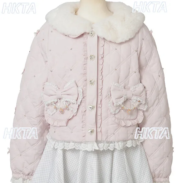 Japanese Sweet Lolita Girls Cotton Jacket Heavy Craft Chic Beaded Bow Lace Short Coats Fluffy Fur Collar Black Cotton Coat Top