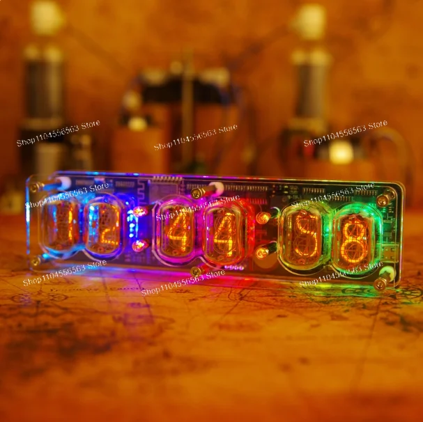 IN12 レトログローチューブクロック、デスクトップ雰囲気ライト、自動時間調整、RGBバックライト。 誕生日プレゼント