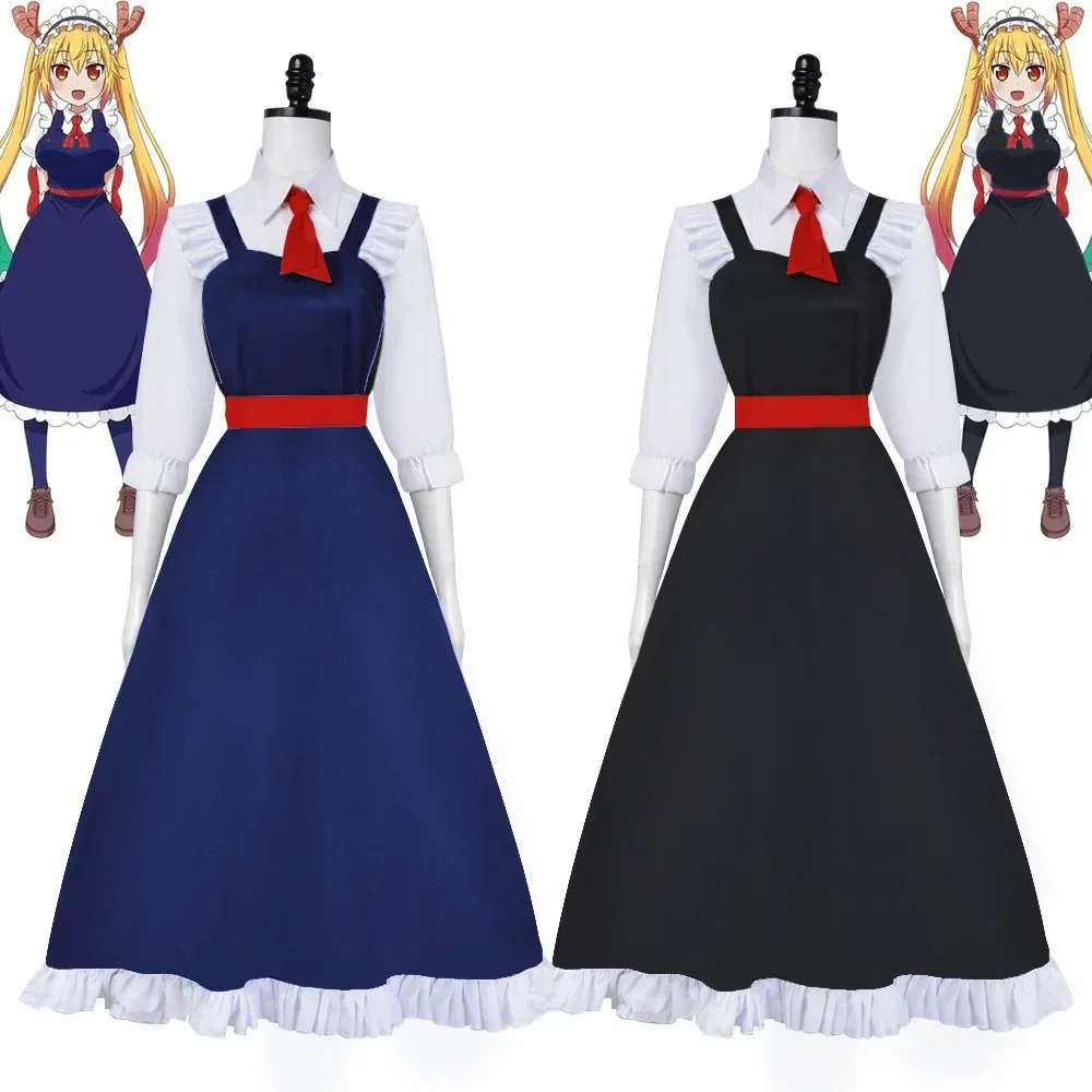 Anime Miss Kobayashi's Dragon Maid Tohru Cosplay Costume Wig Black Blue Maid Dress Lolita Headwear Woman Cute Sexy Carnival Suit