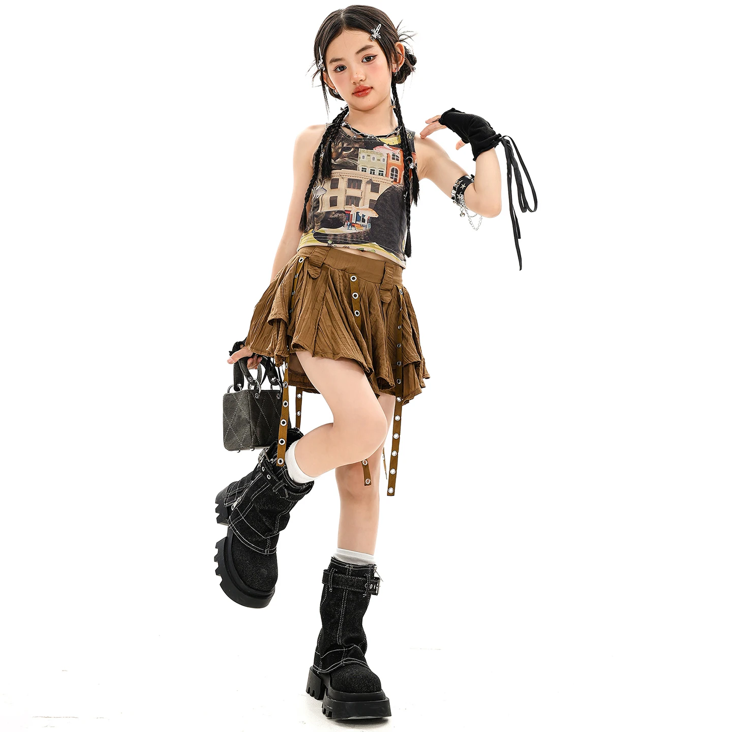 Mädchen Hip Hop Crop Tops Braune Jeans Kinder K-Pop Kleidung Stufenröcke Street Dance Kleidung Sets Kinder Mädchen Gruppe Kostüme
