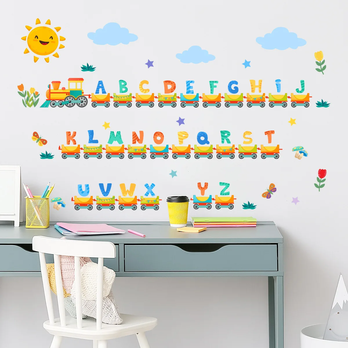 2pcs English Alphabet Cartoon Small Train Wall Sticker Background Wall Living Room Bedroom Restaurant Decoration Wall Sticker