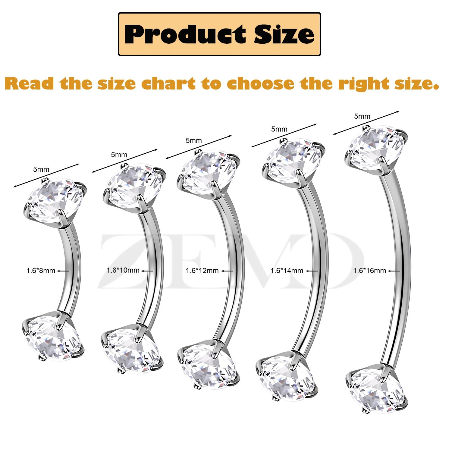 ZEMO 1PC 14G ASTM F136 Titanium Eyebrow Ring Zircon Earrings Curved Barbell Bridge Piercing Belly Lips Piercing Jewelry 8MM-16MM