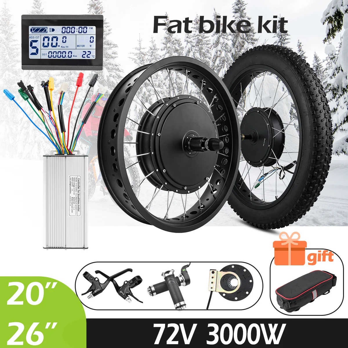 Electric Fat Bike Conversion Kit with Tyre 72V 3000W Rear Wheel Brushless Gearless Hub Motor Snow Bicycle Engine For 20in 26in