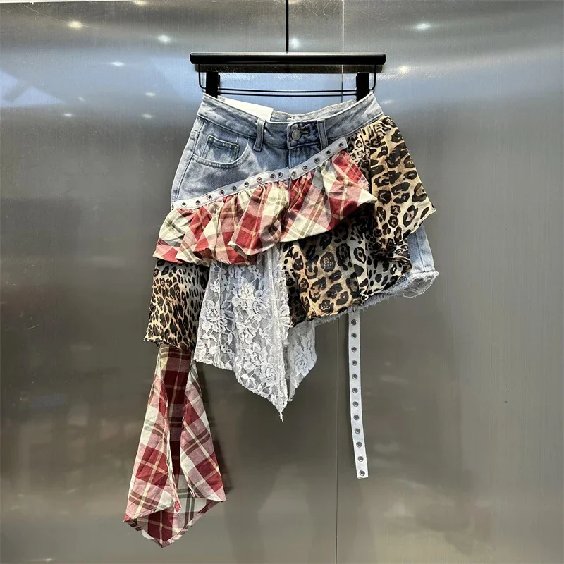 Women's Fashion Irregular Leopard Denim Patchwork Plaid Short Skirts Spring New Trendy Lace A-line Skirt Female