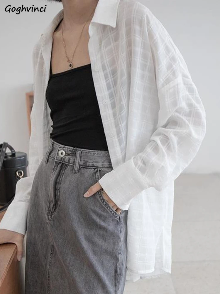 

Plaid Shirts Women Sun-proof Thin Vintage Spring Long Sleeve Baggy Korean Style Simple All-match Design Leisure Ladies Daily New