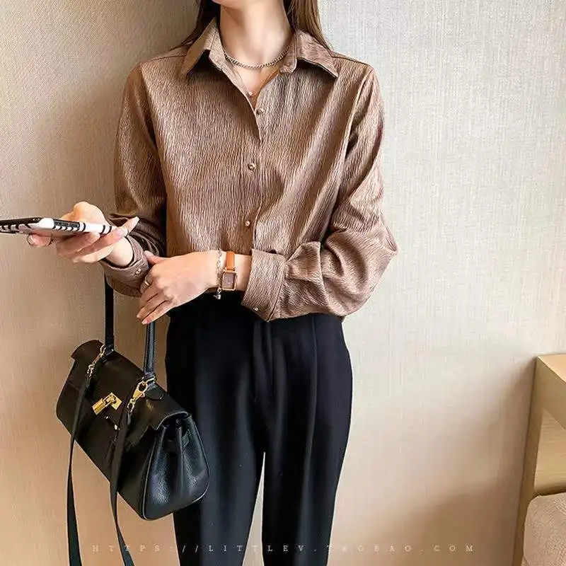 Spring Autumn New Women\'s Commute Solid Single-breasted Shirt Elegant Stylish Polo-Neck Vintage Long Sleeve Blouse for Female