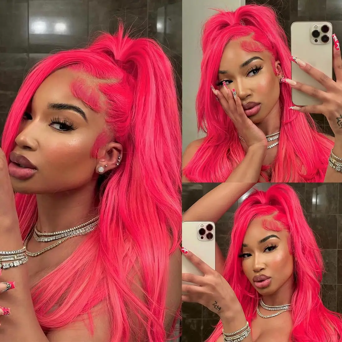 30 inches Hot Pink Colored Lace Front Wig Human Hair Preplucked Brazilian Hair Transparent 13x4 Loose Body Wave Lace Front Wig