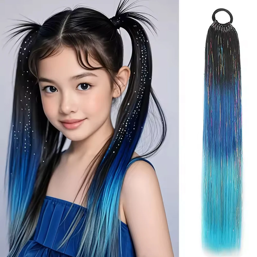 

Synthetic Tinsel Ponytail Extension Long Straight Colorful DIY Braided Pony Tail Hairpiece with Rubber Band For Kids Girls