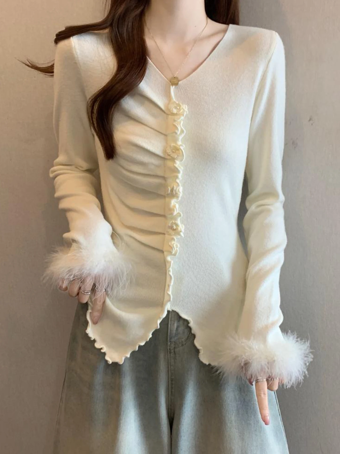 

Женский вязаный топ Ele Plu Splice V-ne с плиссировкой, больших размеров, осенне-зимний, в корейском стиле, для повседневной носки