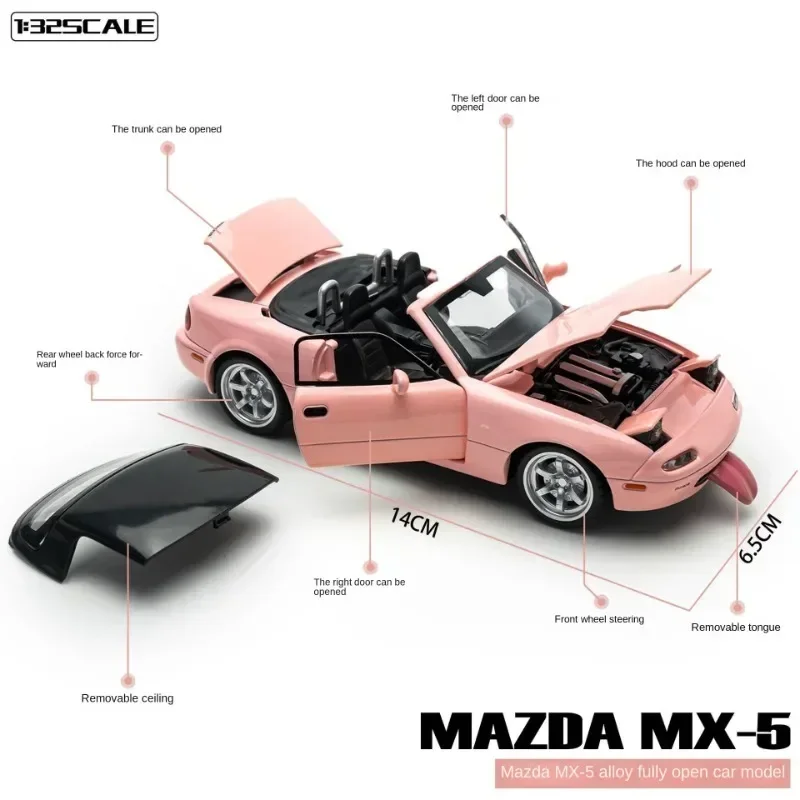 Diecast 1/32 Mazda MX5 Convertible Sports Car Model Alloy Simulation Toy Vehicles Kids Boys Gift Sound Light Voiture Miniature