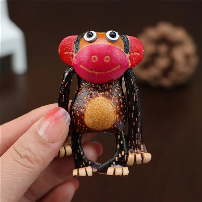 The First Layer Of Cowhide Leather Creative Small Monkey Bag Pendant Car Keychain Cute Zodiac Monkey Key Chain Gifts