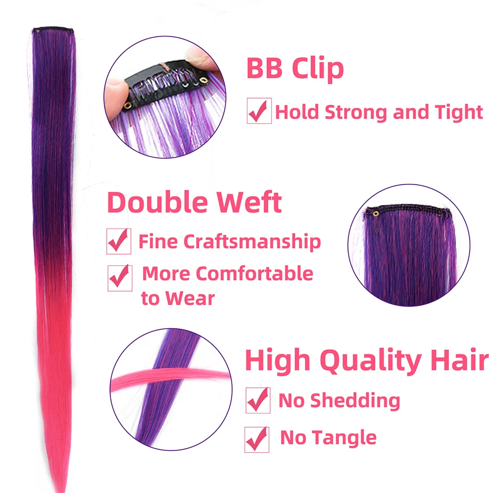 LUPU Extensiones de Cabello Sintético con Mechas de Colores Arcoíris Largas y Lacias para Mujeres Niñas Púrpura Rosa Azul 22 Pulgadas 3