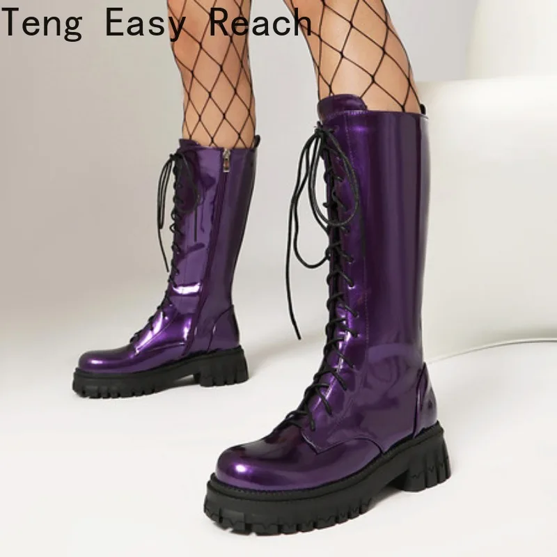 

Новинка 2025 года, женские кожаные высокие сапоги, женские сапоги до колена на шнуровке, фиолетовые, красные, черные женские мотоциклетные сапоги на низком каблуке