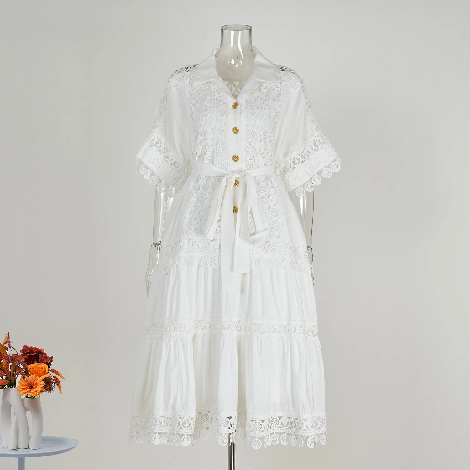 Runway 2025 Summer Lace Embroidery Short Sleeve Holiday Beach Dress Women's Hollow Out Lace Trim Evening Prom Party Vestido Robe