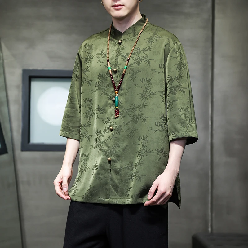 2024 Summer Embroidery Shirt Men Ice Silk High Quality Casual Loose Short Sleeve Tops Retro Kung Fu Traditional Cardigan Mens