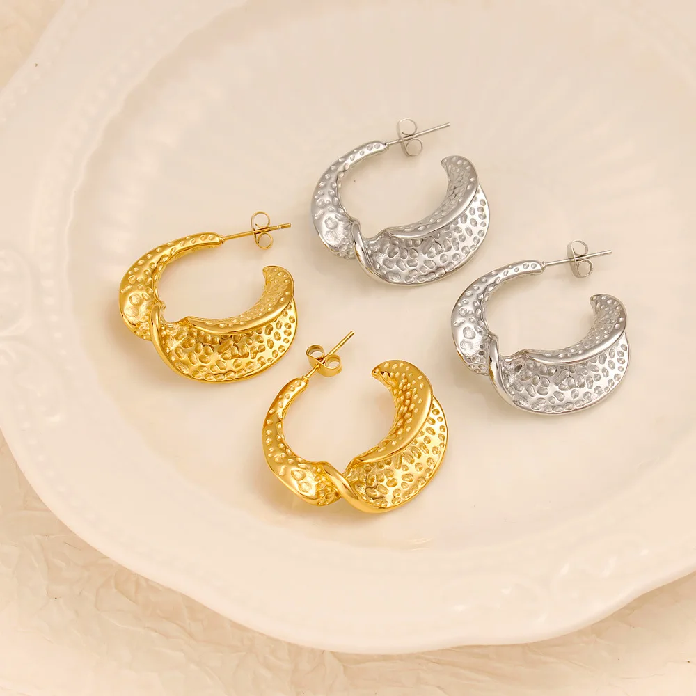 

DIY accessories French hot selling geometric texture C-shaped earrings stainless steel plated 18K gold vintage unique spotted pa