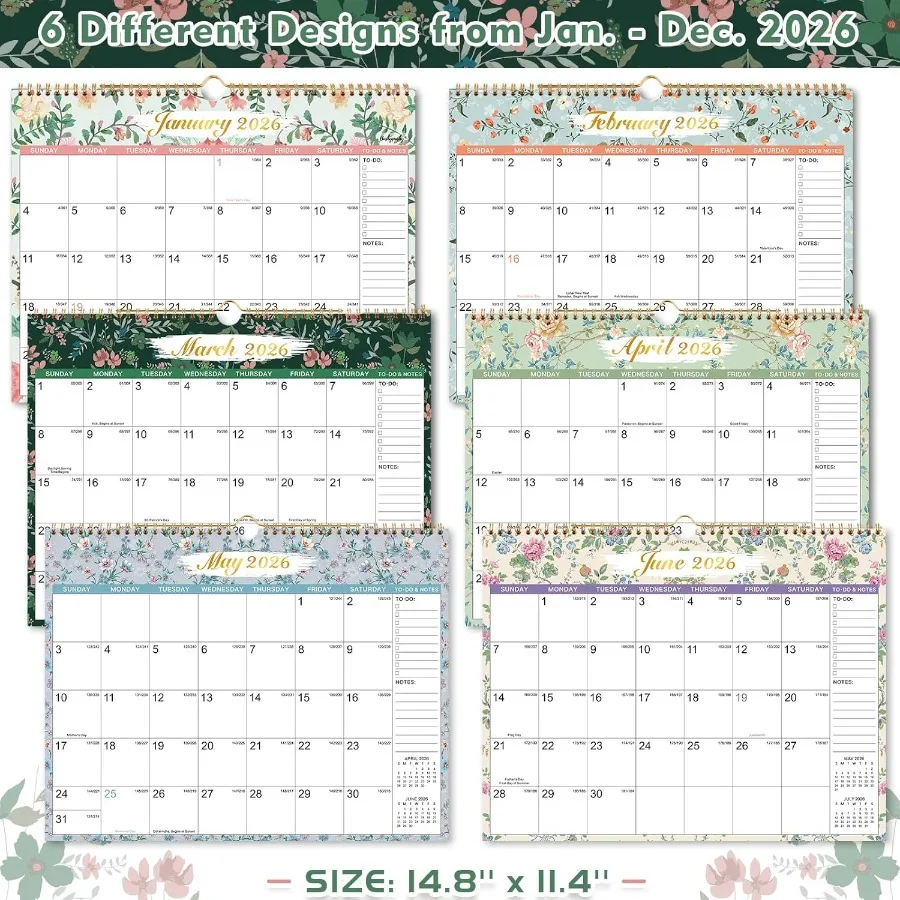 2026 벽걸이 달력 2026년 달력 12개월 1월-12월 월별 플래너 14.8'' x 11.4'' 트윈와이어 바인딩 줄리안 날짜 대형 월간 플래너