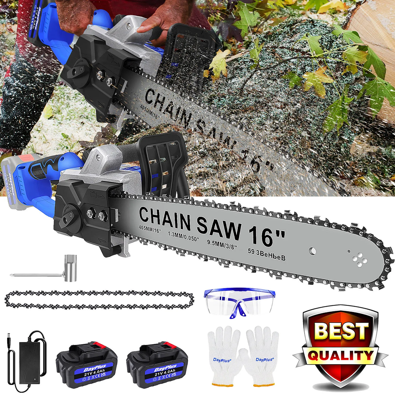 DayPlus 16 Inch Cordless Electric Chainsaw with 2 Battery and Charger, Handheld Powered Chainsaw for Wood Cutting Tree Pruning